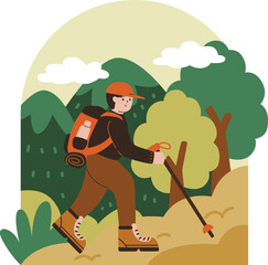 Man Hiking on Mountain Vector Illustration