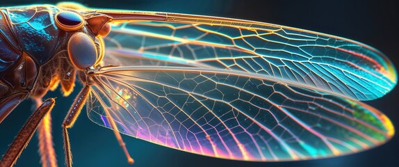 A vibrant insect with iridescent wings reveals a surreal world where colors blend beautifully. The intricate patterns and structures highlight the marvel of nature, inviting curiosity and wonder