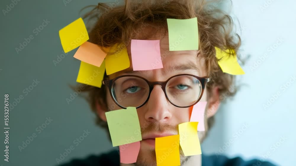 Poster stressed professional buried under multicolored sticky notes, expressing workplace pressure and over