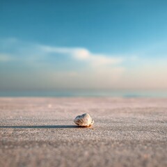 Solitary Shell in the Golden Sands Under the Peaceful Blue Sky at the Coastline Serene Beach