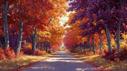 Warm Colors on Autumnal Road Trees Fall Landscape Roadway Serene Path Natural Light Colorful Trees Leafy Tranquil