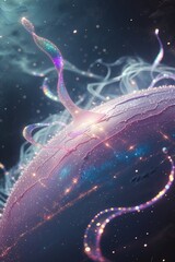 A fantastical planet floats in a dreamlike space. Glowing tendrils and sparkling elements create a mesmerizing atmosphere filled with vibrant colors and swirling patterns