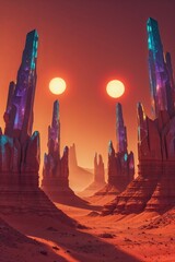 Expansive desert terrain adorned with towering crystal structures reflects iridescent colors under a surreal dual sun setting. The atmosphere evokes an otherworldly serenity