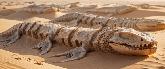 Giant, reptilian-like creatures rest on the soft sands of an expansive desert. The twilight sky casts enchanting colors, enhancing the surreal atmosphere of the landscape
