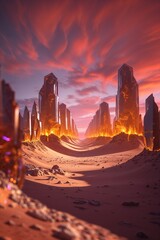 A surreal alien landscape showcases tall crystalline structures glowing in hues of orange and purple. The setting sun casts shadows over a vast sandy expanse, creating a mystical atmosphere