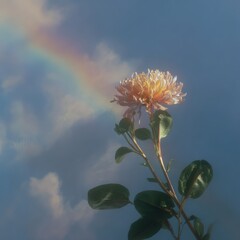 Serene chrysanthemum bloom bathed in rainbow light ethereal floral beauty against a tranquil blue sky artistic botanical