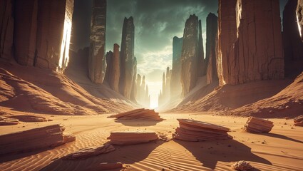 Vast desert expanse with unique rock formations reaching towards a mystical sky. The horizon glows softly, hinting at an otherworldly atmosphere. Undulating sands create a dreamy, surreal environment