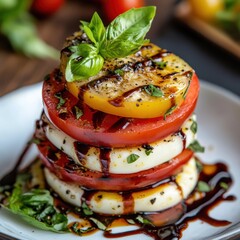 Exquisite caprese tower with fresh basil leaves and balsamic drizzle showcasing bright summer colors food photography