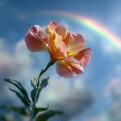 Elegant bloom against scenic sky with faint rainbow dreamlike floral image showcasing the beauty of nature