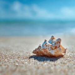 Seashell rests on sunny sand beach a tranquil summer day vacation scene against blue sea ocean scenic