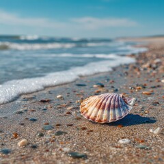 Seashell on the Sandy Beach by the Sea in Warm Sunny Day Ocean View Shallow Depth of Field Seaside Relaxation Summertime