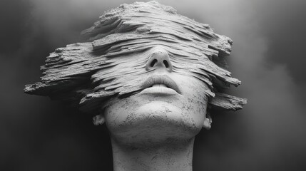 Monochromatic portrait of a stone female sculpture embodying obscurity blindness and mental state artistic interpretation