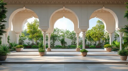Serene Courtyard with Arched Columns Lush Greenery and Tranquil Atmosphere for Architecture Stock Photography