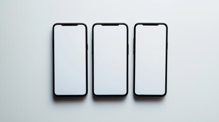 Three sleek modern smartphones aligned horizontally on a plain white background