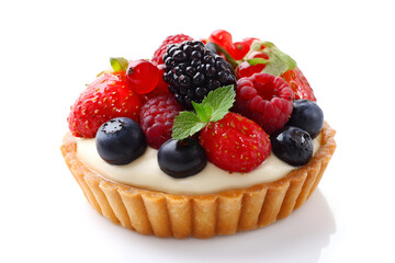 Fresh fruit tart with berries and cream. Delicious tart topped with whipped cream and fresh berries, including strawberries and blueberries, isolated on a white background.