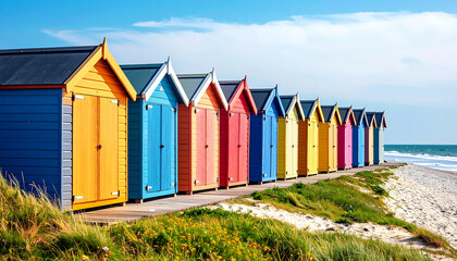 Naklejka premium Colorful beach huts line sandy shore, creating vibrant coastal scene. bright hues of huts contrast beautifully with blue sky and ocean
