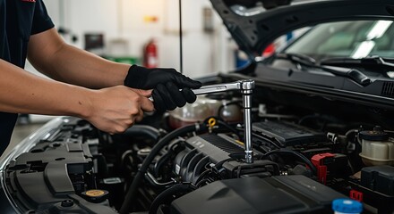 Fototapeta premium Mechanic using a wrench to repair a car engine in a professional workshop