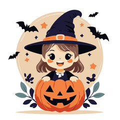 Halloween pumpkin and girl illustration