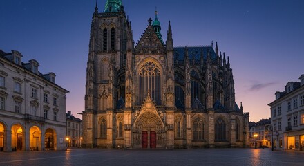 Fototapeta premium Gothic Architecture With Glowing Windows and Grand Entrance