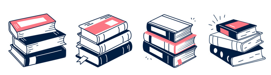 Set of drawing with colored pencils, stacks of books in various styles  