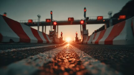 Customs checkpoint with red boom gates at border crossing during sunset