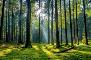 Obraz premium Sun Dappled Forest Lush Green Canopy and Mossy Forest Floor