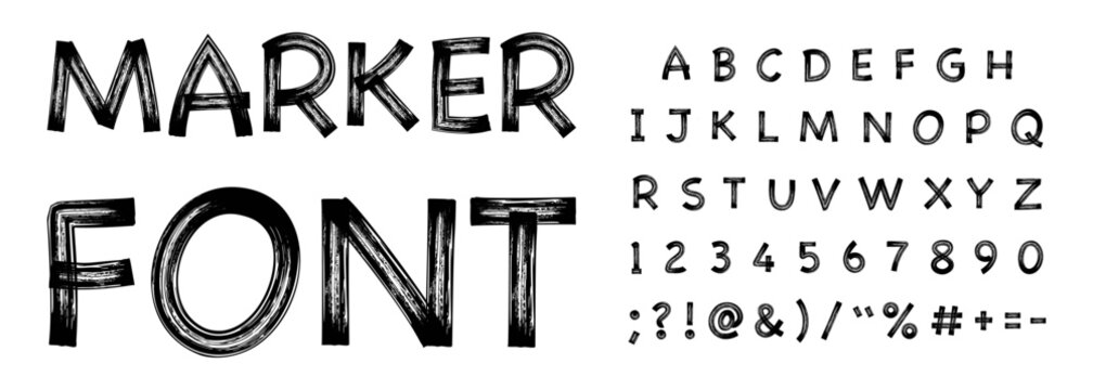 Dry Marker alphabet handwritten font. Marker calligraphic draw typography highlighter letters, numbers figures and symbols