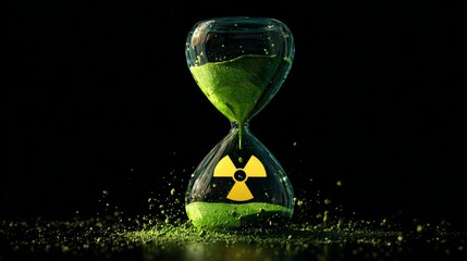 A 3D hourglass with glowing green sand drains beside a radioactive trefoil sign, set against a black backdrop. 