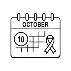 October 10 Calendar with Awareness Ribbon – Vector Line Art for Global Mental Health Day and Awareness Campaigns