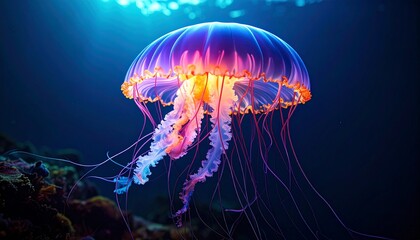Obraz premium A mesmerizing jellyfish pulsates with ethereal colors, its translucent bell glowing amidst the dark depths of the ocean, creating a stunning underwater spectacle.
