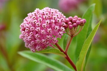 Close-up of pink milkweed flowers. Asclepias tuberosa flower with its tiny flowers and green leaves