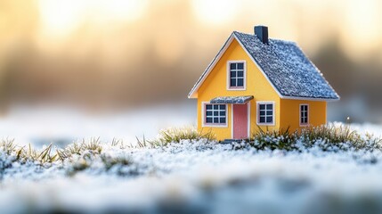 Enchanting Miniature Yellow House Under a Soft Glimmering Sky Immersed in Winter Frost Model Home