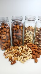 Scattered mixed nuts—almonds, walnuts, cashews, pecans—spilling from glass containers onto pristine white background, highlighting nutritious snacking options