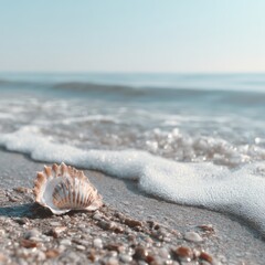 Serene Seashell Still Life on Pebble Beach Sparkling Surf and Tranquil Sea  Gentle Seafoam Washes Ashore at Soft Daylight