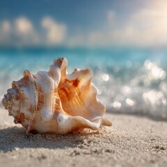 Seashell Beauty on Sandy Shoreline Gentle Waves and Cloud Backdrop Serene Beach Vacation Vibe Warm Tones
