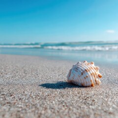Serene seashell on sandy beach under vibrant blue sky calming seascape capturing beauty of tropical summer vacation nature background