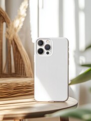 Elegant white smartphone on sunlit wooden table with natural decor