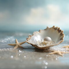 Elegant pearl in shell with starfish on pristine sand capturing serenity and beach concept in bright daylight