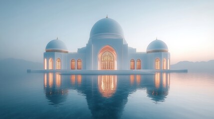 Serene Mosque Reflection in Calm Waters Elegant Islamic Architecture Harmony Light and Shadow Tranquil Scene Mystical Building Spiritual Ambiance Peaceful