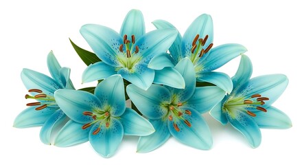 Fototapeta premium Closeup Light Blue Lilies Bouquet Soft Petals Delicate Flowers Floral Arrangement White Background aqua lilies