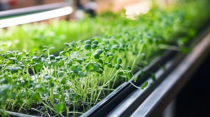 Microgreens sprouting beneath led lights in vertical hydroponic farm, showcasing innovative urban agriculture and fresh, nutrient-dense produce