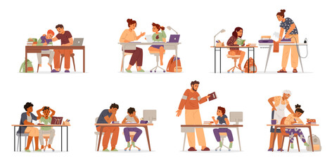 Diverse parents and grandparents or tutors making homework or homeschooling with primary school kids flat vector illustrations set isolated on white. 