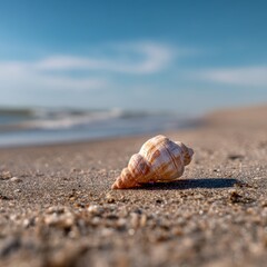Serene summer beach scene with textured seashell on wet sand by ocean shore on beautiful day