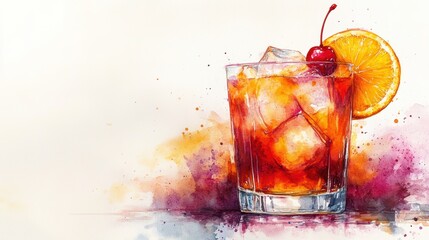 Artistic Watercolor Cocktail Illustration Glass of Red Drink Ice Cherry Orange Slice Refreshing Design