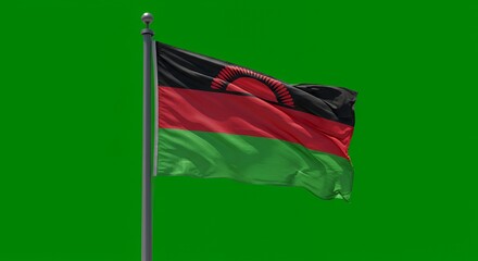 Malawi's vibrant flag billows proudly against a bright green screen.