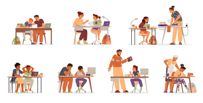 Diverse parents and grandparents or tutors making homework or homeschooling with primary school kids flat vector illustrations set isolated on white. 