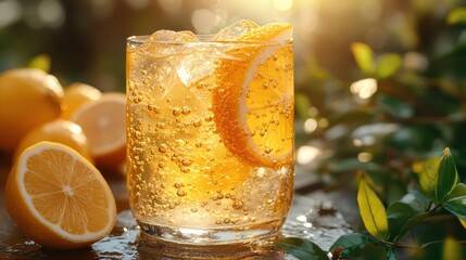 Refreshing lemonade drink with ice cubes and lemon slice in a glass on an old wooden table under sunlight