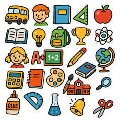 Back to school icons with colorful education symbols including bus children book light bulb backpack trophy apple globe and art supplies