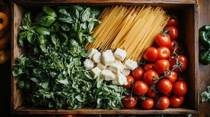 A beautiful, organized arrangement of fresh basil, pasta, tomatoes, and mozzarella, embodying the essence of Italian cuisine, promoting health and enjoyment.