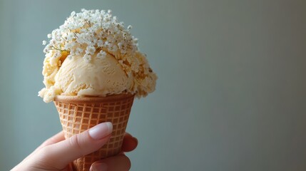 Vanilla ice cream in waffle cone adorned with delicate flowers held by a hand in soft lighting